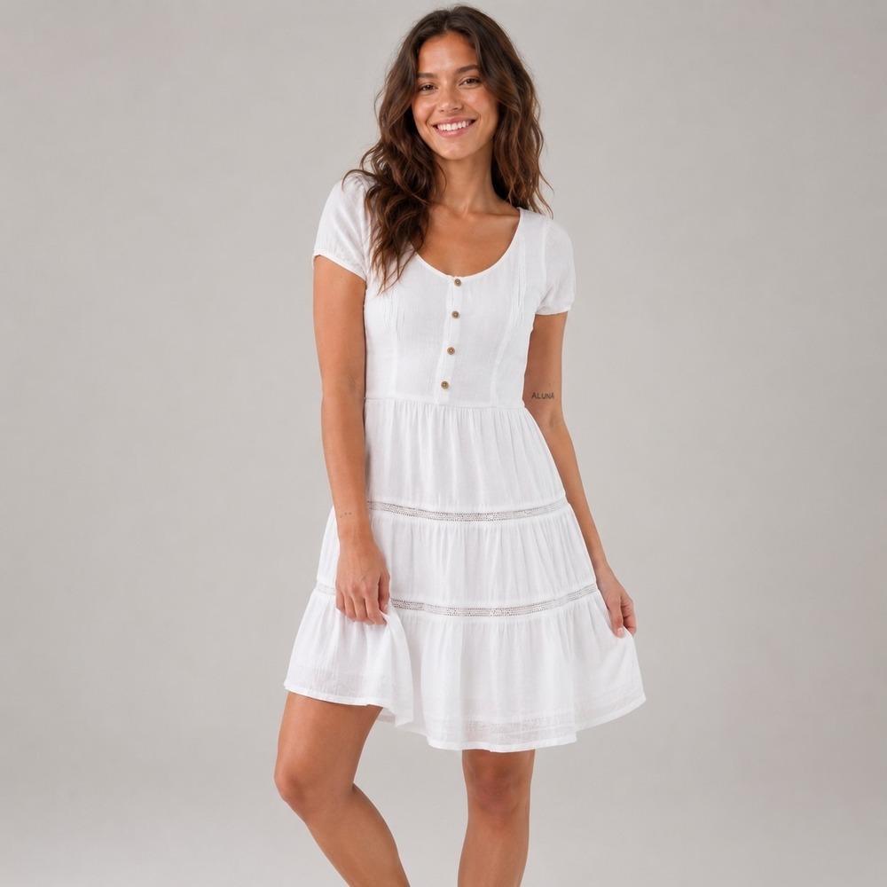 Hollister M Medium Long Tall White Cottagecore Fairy Boho Tiered Dress Button